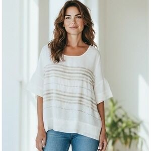 Symple Womens Top OS White Beige Linen Boxy Button Back Casual Beachy Lagenlook